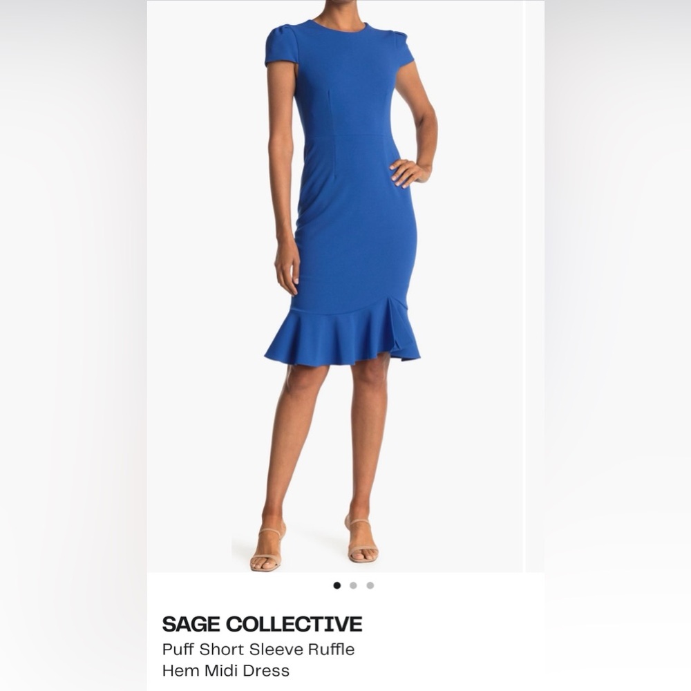 NWT Blue Puff Short Sleeve Ruffle Hem Midi Dress retail $98